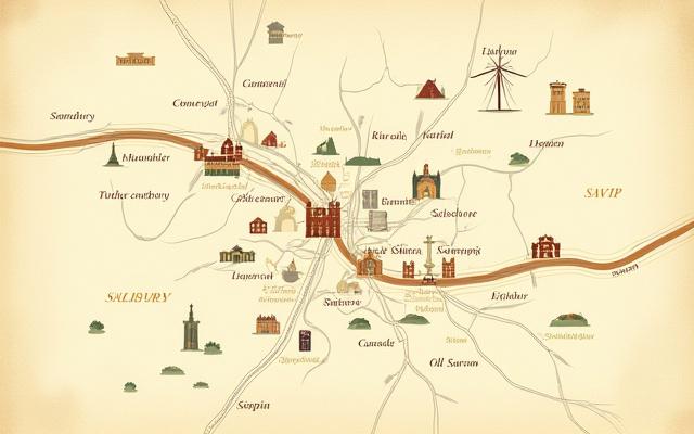 Map showing Saxon Spoons location in Salisbury, Wiltshire, highlighting Salisbury Cathedral and Old Sarum.