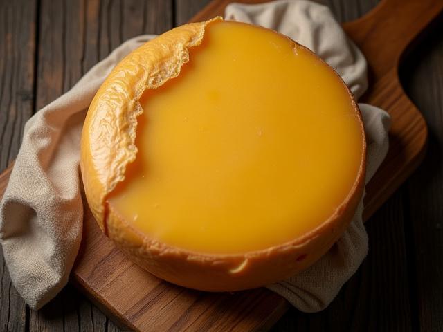 A large, rustic truckle of aged artisan cheddar cheese