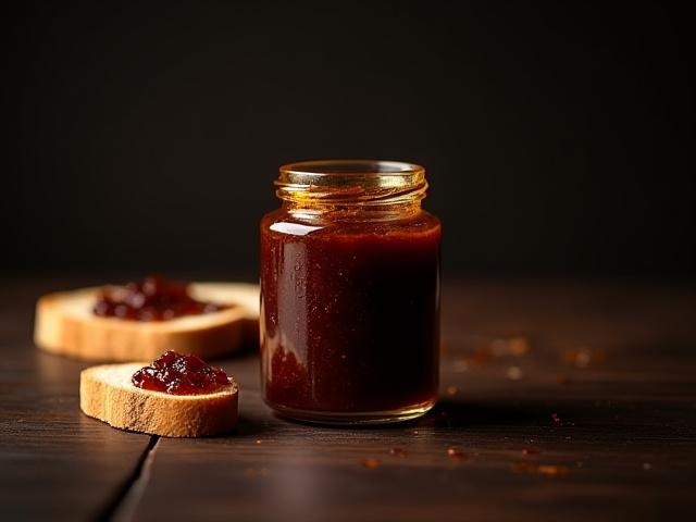 Small jar of dark brown Gentleman's Relish on toast