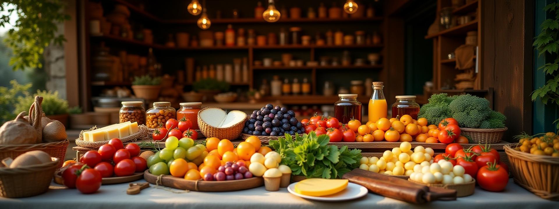 Bustling scene of an outdoor artisan food market stall overflowing with fresh, vibrant produce, cheeses, and baked goods.