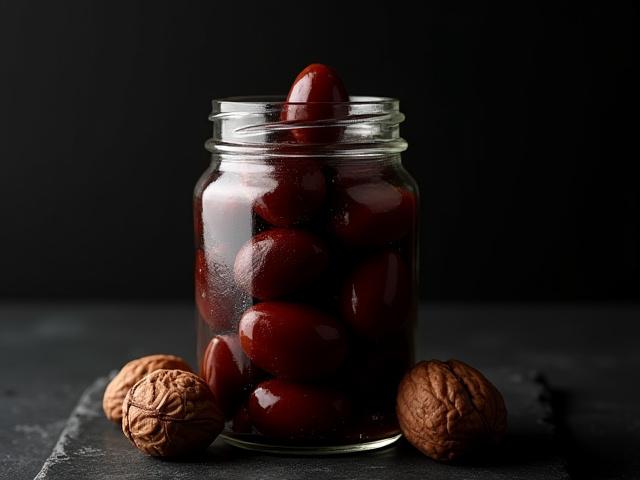 Jar of vibrant green pickled walnuts