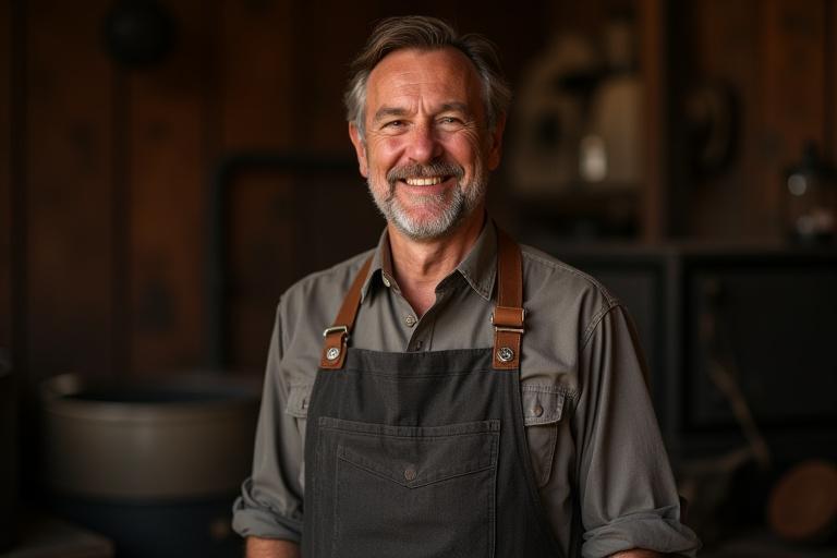 Portrait of a smiling artisan smokehouse owner in a rustic setting