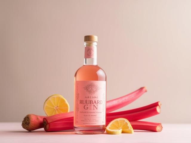 Bottle of artisan rhubarb gin with fresh rhubarb stalks