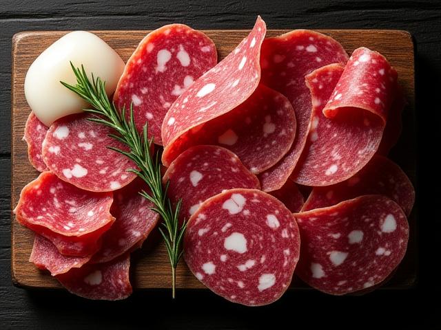 Selection of cured artisan salami on a rustic wooden board