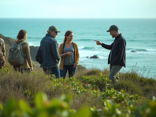 An expert guide leading a group on a coastal foraging walk along the rugged Cornish coastline, gathering wild edibles with the ocean in the background.