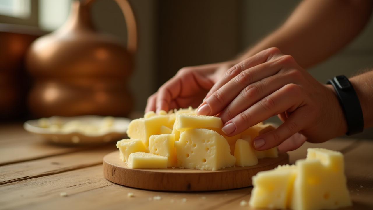A close-up shot of hands carefully pressing fresh cheese curds into a mold, with traditional cheese-making equipment in the background.