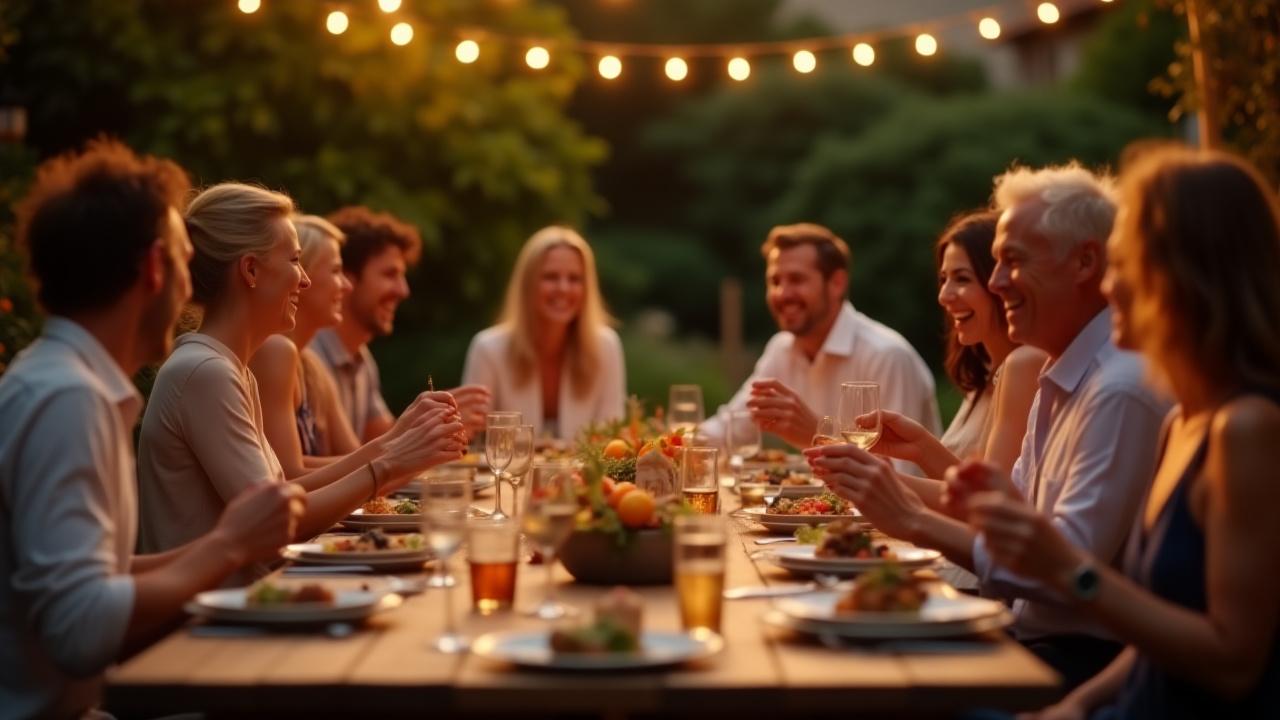 A joyful group of guests gathered around a long, rustic dining table, laughing and sharing food, in a beautifully lit outdoor setting.