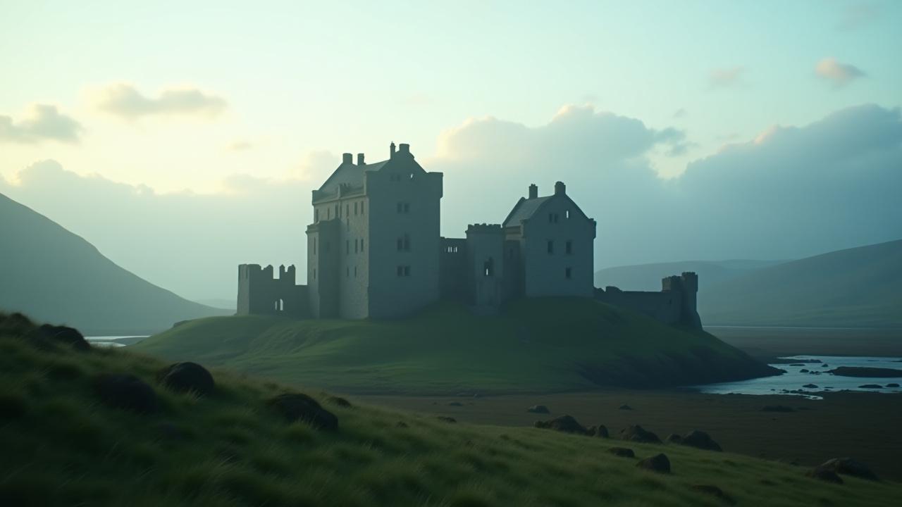 A majestic, ancient castle bathed in soft morning light, surrounded by lush green landscapes, evoking a sense of timeless history.
