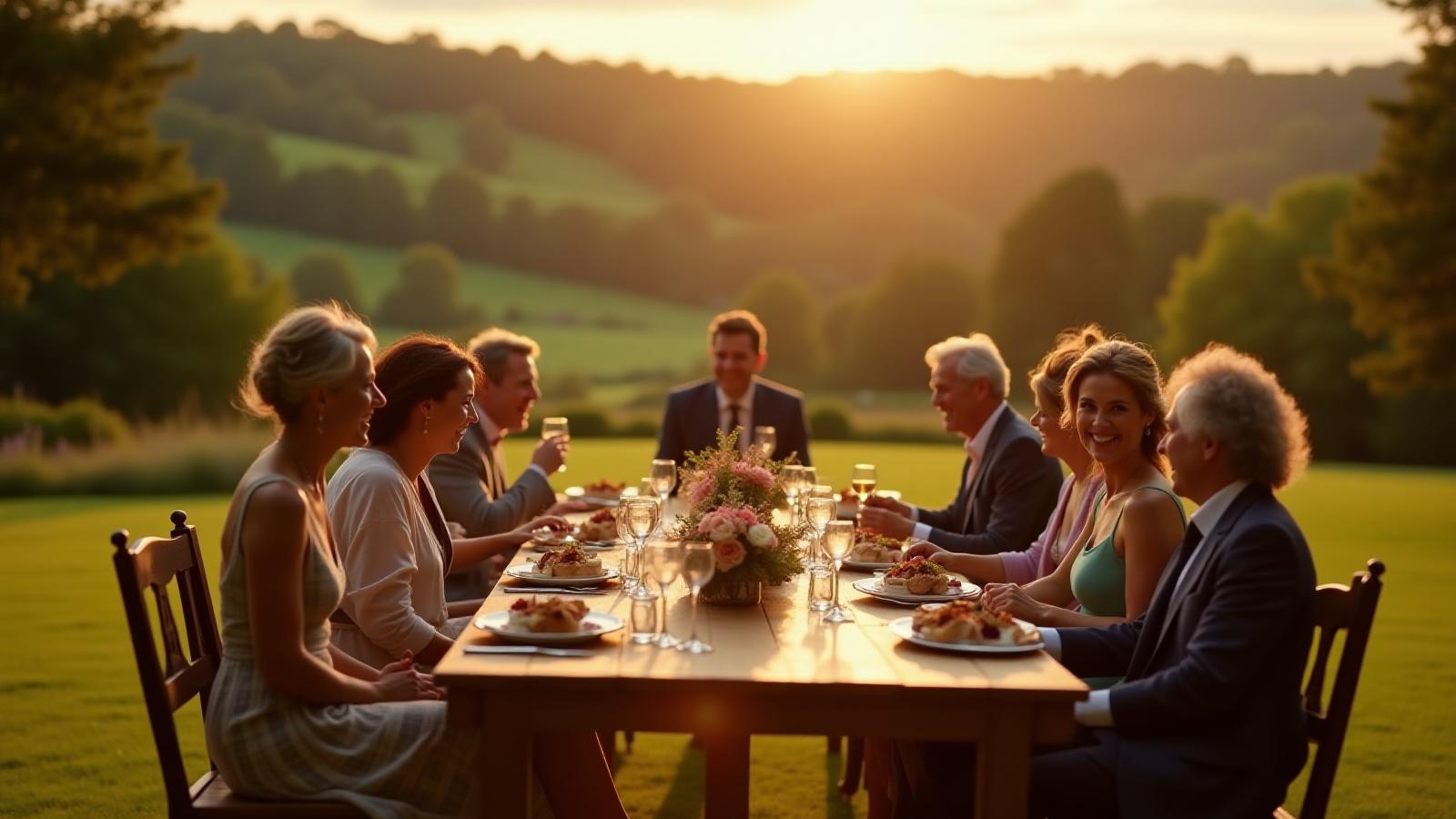 Elegantly dressed guests dining al-fresco on the lawn of a historic English manor house, bathed in golden hour sunlight, with rolling green hills in the background.