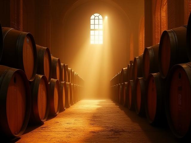 Inside a traditional Scottish whisky distillery, aged oak casks stacked high, with a soft, warm light.