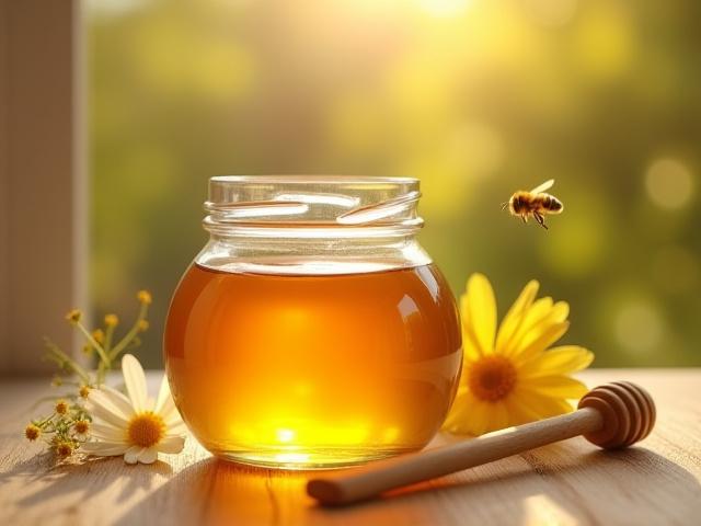 Jar of organic Wiltshire honey with a wooden dipper on a rustic table