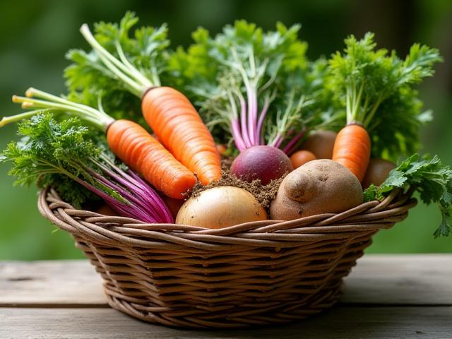 Basket of colorful organic root vegetables from a local farm