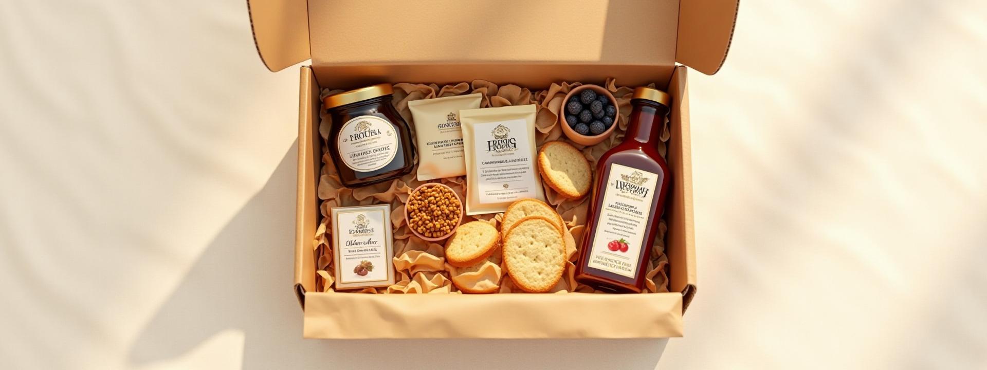 Overhead view of an open Saxon Spoons Discovery Box filled with artisanal British food products, a recipe booklet, and a ribbon.