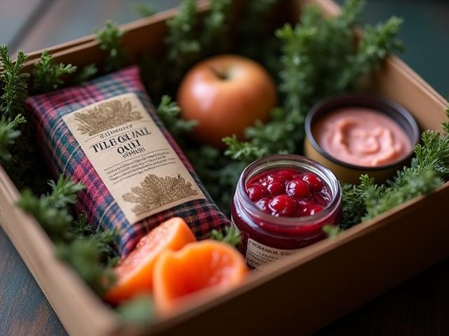 An open box displaying Scottish oats, a jar of fruit jam, and smoked salmon pate, representing 'A Scottish Breakfast' theme.