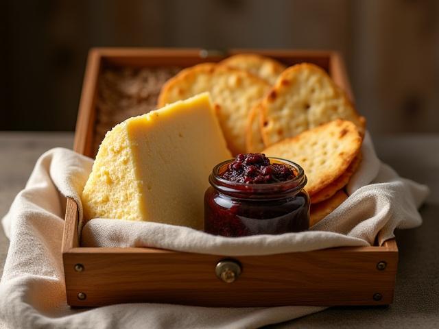 An open box filled with Wiltshire cheeses, artisanal chutney, and gourmet crackers, evoking 'The Wiltshire Larder' theme.