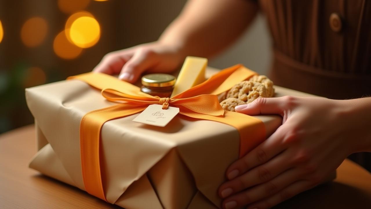 A beautifully wrapped gourmet gift hamper being opened, revealing artisanal cheeses, chutney, and fine biscuits.
