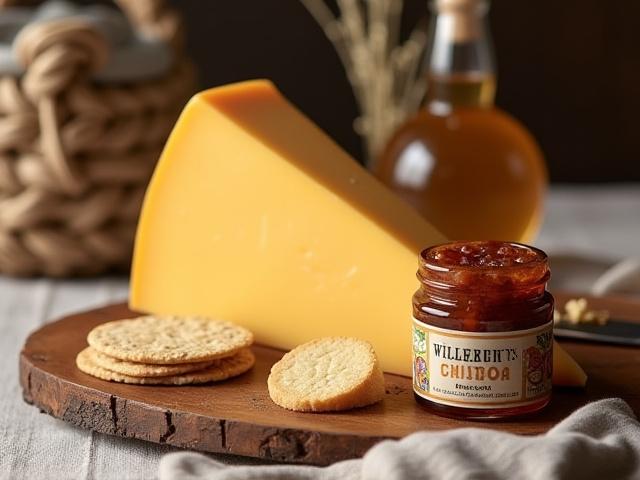 Hamper with artisanal cheese, crackers, and chutney