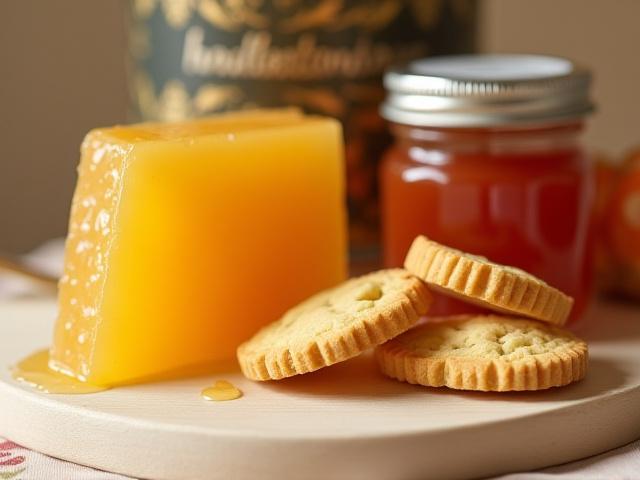 Hamper with honey, shortbread, and fruit preserve