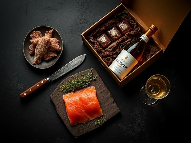 Luxury hamper with diverse gourmet items including wine and chocolate