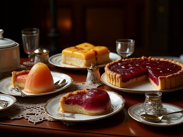 Elaborate display of Georgian era puddings and pies on a grand dining table