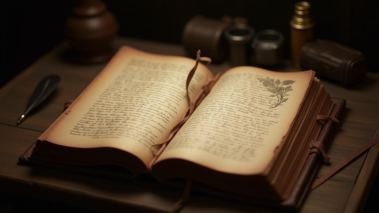 Ancient, weathered recipe book open on a rustic wooden table, with quill and ink