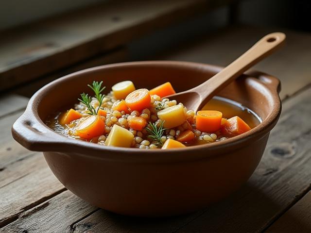 A rustic bowl of medieval pottage with vegetables and grains