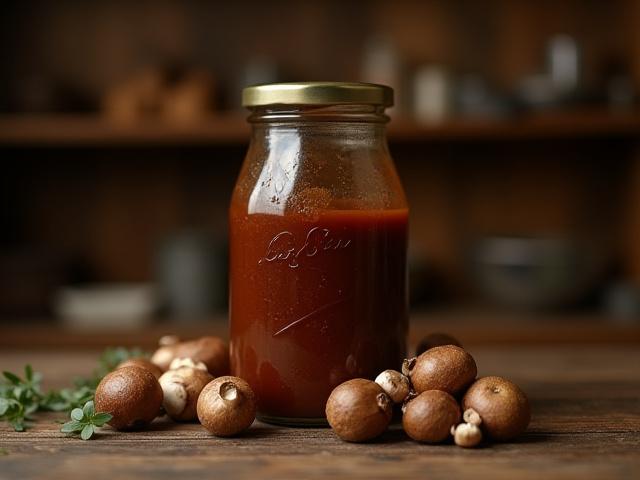 A jar of dark, rich Mushroom Ketchup on a vintage kitchen shelf