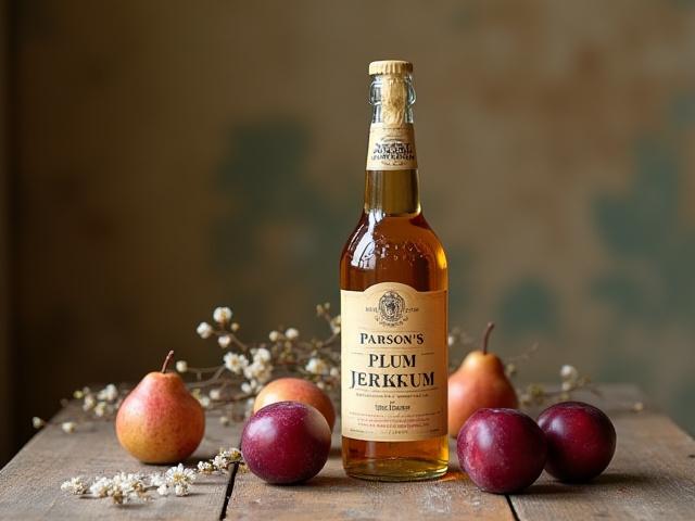 A bottle of Parson's Plum Jerkum (pear cider) on a rustic wooden table with fresh pears