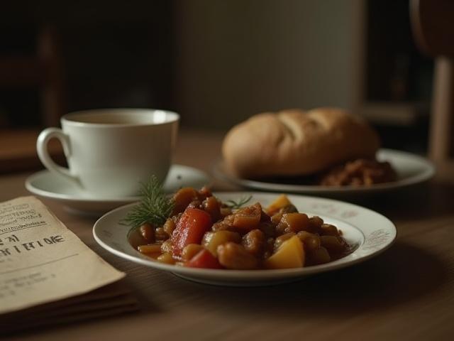 A vintage photograph of a family sharing a simple meal during WWII rationing