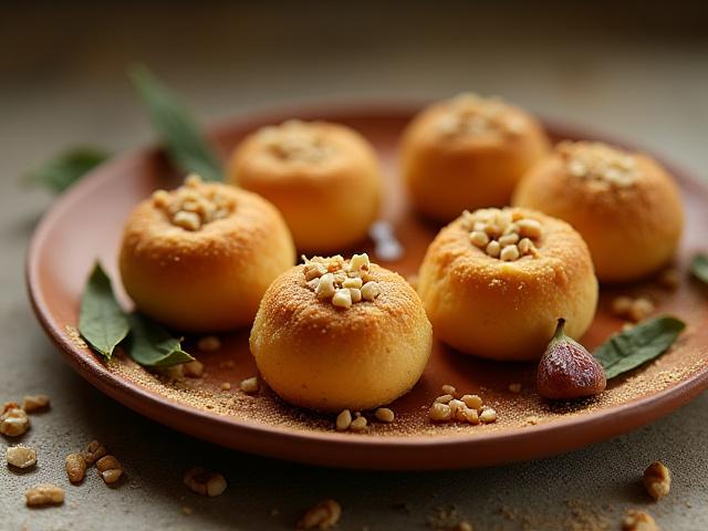 Small, round Roman honey cakes dusted with nuts on a clay plate
