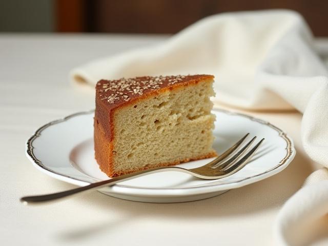 A slice of 19th-century seed cake with caraway seeds, on a porcelain plate