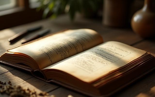 A vintage, sepia-toned image of an open recipe book with handwritten notes and ingredients