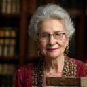Portrait of Dr. Penelope Green, an elegant woman with kind eyes, holding a vintage cookbook.