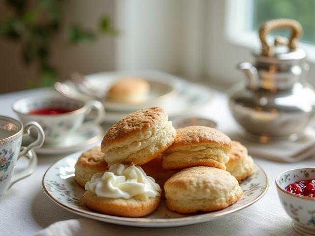 A rustic spread of perfectly baked British scones with clotted cream and strawberry jam, alongside delicate teacups and a teapot.