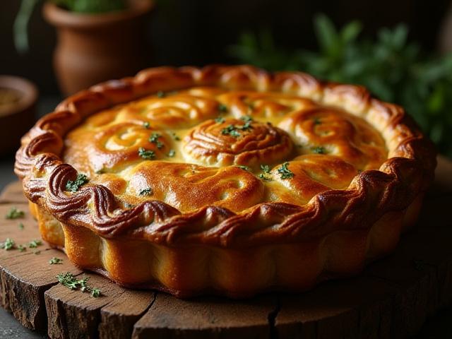 A beautifully crafted medieval pie, golden-brown and intricately decorated with pastry twists, on a rustic wooden table.
