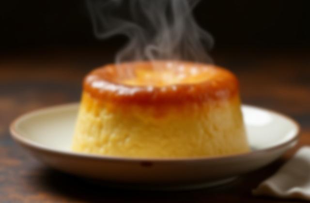 A photograph of a perfectly risen suet pastry pudding on a ceramic plate, steaming slightly.