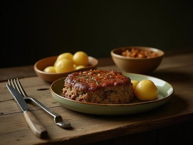 Simple but hearty wartime era meal on a plain wooden table, possibly a vegetable stew or loaf, showcasing ingenuity with limited ingredients.